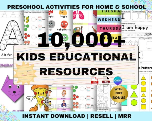 Kids Educational Resources Bundle | Preschool & Kindergarten Worksheets, Instant Download, Writing, Math, Reading, Affirmations